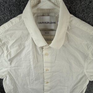 Calvin Klein Button Up Shirt Long Sleeve White Cotton Chest Logo Slim Fit Small